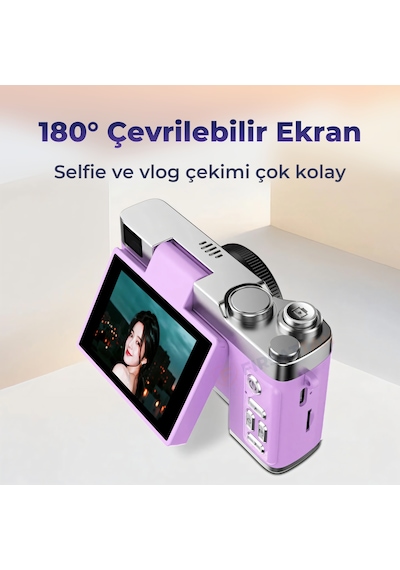 Retro Dijital Fotoğraf Makinesi 2k Video 40mp 2,4 İnç Flip Ekranlı Led Işıklı Selfie Vlog Kamerası