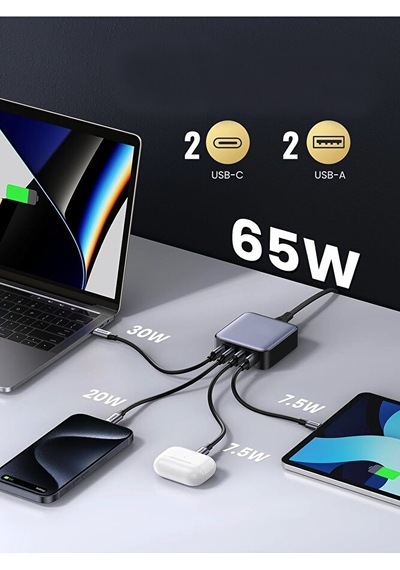 65w Gan Hızlı Şarj Adaptörü 2xusb Pd Qc3.0 2xtype-c Laptop