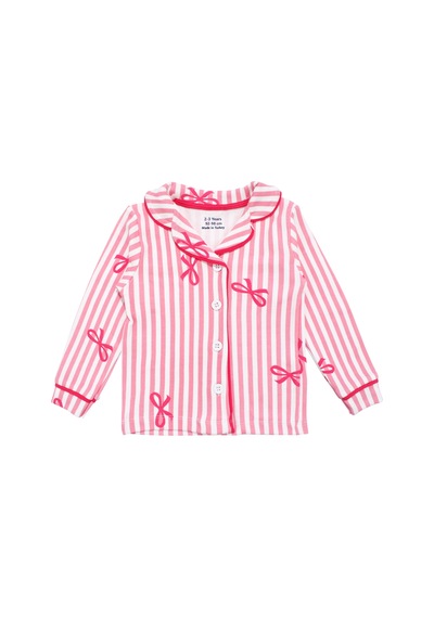 By Bebekodam Kız Bebek Beyaz Pembe Fiyonklu Çizgili Pijama Takımı