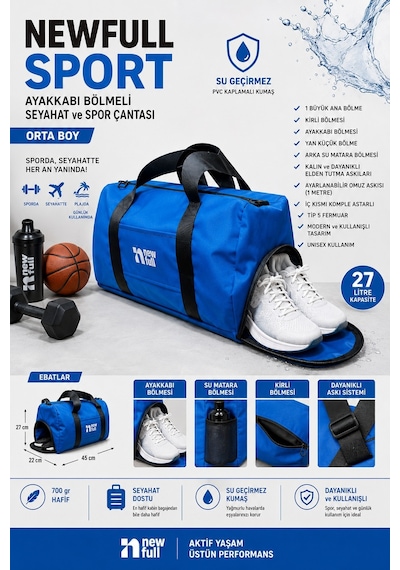 Newfull Sport Ayakkabı Bölmeli Astarlı Su Geçirmez Seyahat Ve Spor Çantası-orta Boy Mavi