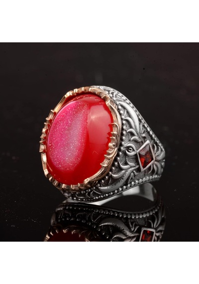 Vintage Erkek 925 Ayar Gümüş Yüzük Druzy Kuvars, Kırmızı Gümüş