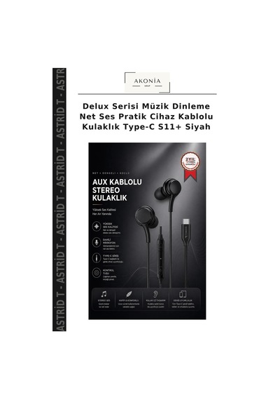 Delux Serisi Müzik Dinleme Net Ses Pratik Cihaz Kablolu Kulaklık Type-c S11+ Siyah S11+