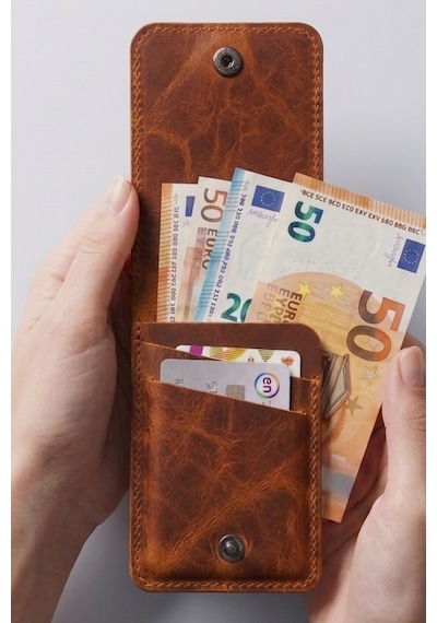 Luvo %100 Gerçek Deri El Yapımı 3 Bölmeli 9 Kart Kapasiteli Cüzdan Premium Kompakt Kartlık Açık Kahverengi - Taba