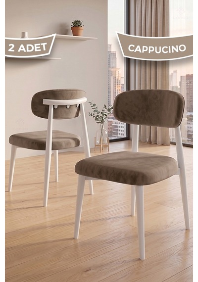 Nuvo Serisi 2 Adet Mutfak Sandalyesi Beyaz Metal İskeletli 1. Sınıf Babyface Kumaş Cappucino- Beyaz