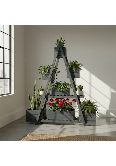 Wooddesign 150x150 Cm Doğal Ahşap A Formlu Çiçeklik Standı - 3 Katlı Büyük Boy Saksılık Gri