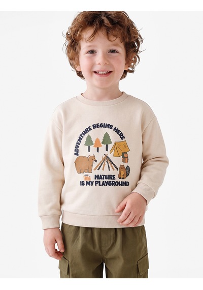 Koton Bisiklet Yaka Uzun Kollu Şardonlu Baskılı Sweatshirt Ekru 7wmb10028tk
