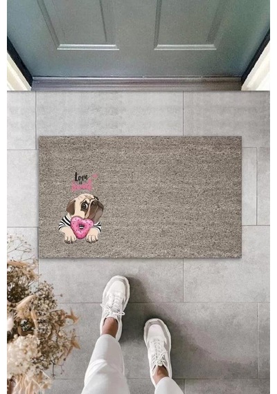 Dijital Baskı Gri Love Sweet Pembe Şekerlemeli Bulldog Köpek Dekoratif Kapı Paspası K-2077 Renkli