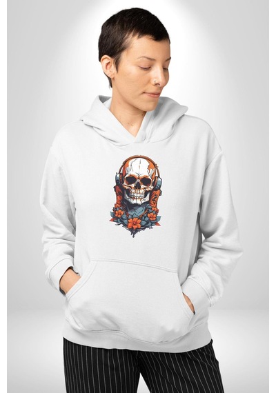 Müzik Kulaklık Takan Kurukafa Kırmızı Gül Kadın Erkek Beyaz Kapüşonlu Sweatshirt Hoodie Beyaz