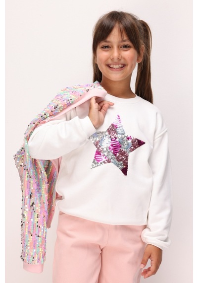 Le Mabelle Ekru Pullu Yıldız Nakışlı Kız Çocuk Sweatshirt - Dina Ekru