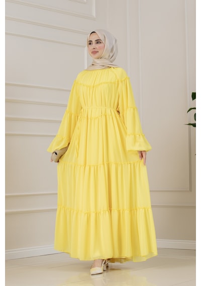 Sevitli Robalı Manolya Şifon Elbise-sarı-5787