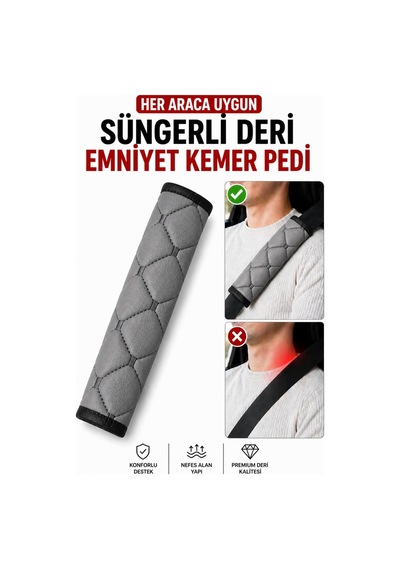 Her Araca Uygun Suni Deri - Süngerli Emniyet Kemer Pedi-gri