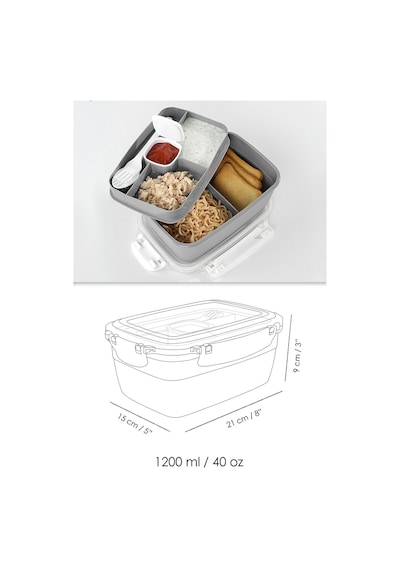 2 Katlı Kilitli Kapak Yemek Kabı - Bölmeli Lunch Box Diyet Beslenme Kutusu Sosluk Çatal Kaşık Gri