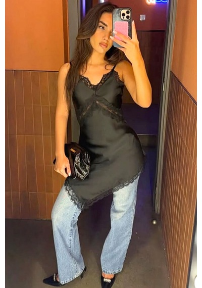 Seeh Siyah Dantelli Asimetrik Saten Kadın Elbise Sh349 Basic