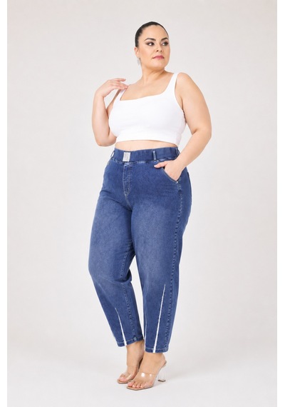 Zanessi Büyük Beden Beli Lastikli Cepli Likralı Denim Mom Kesim Kadın Pantolon Mavi