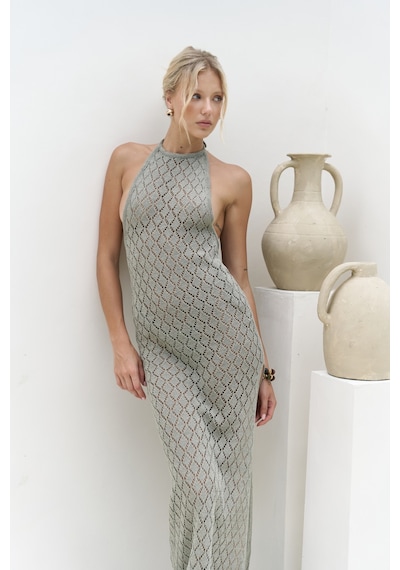 Mai Collection Mai Studios Co. Yudha Sırt Dekolteli Haki Triko Uzun Elbise Haki