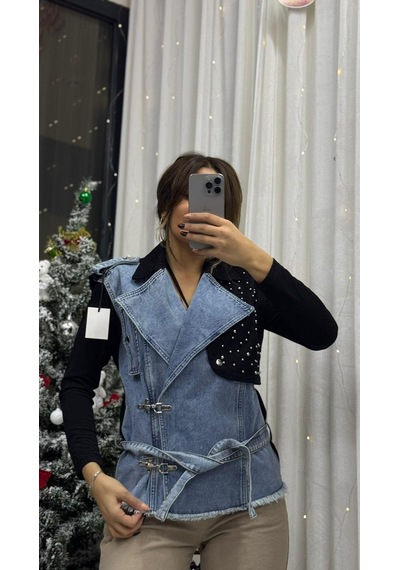 Daves Taş Detaylı Belden Bağlamalı Kolsuz Denim Kumaş Kot Yelek Siyah-mavi Kot Çok Renkli Daves Taş Detaylı Belden Bağlamalı Kolsuz Denim Kumaş Kot Yelek Siyah-mavi Kot Çok Renkli