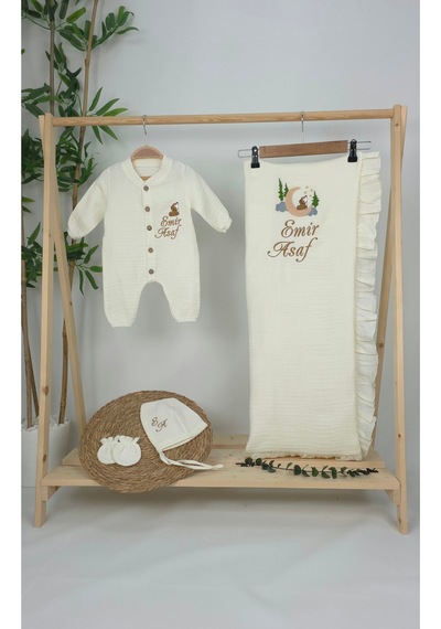 Gros Shop Müslin Yeni Doğan 4katlı Organik %100pamuk Kişiye Özgü Nakışlı Hastane Çıkış Seti Kurt Model-1 Ekru-2