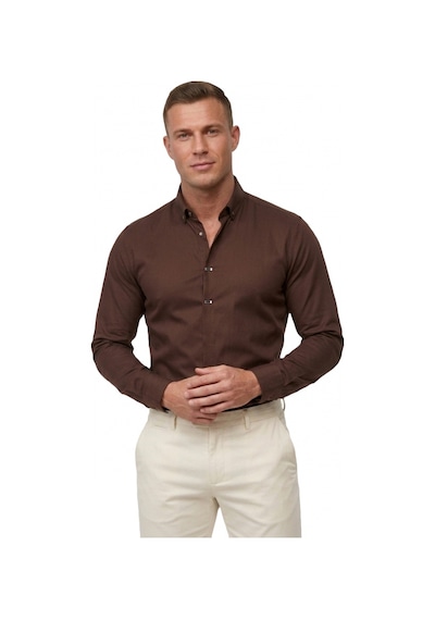 Deepsea Kahve Slim Fit Likralı Kolay Ütülenebilir Gizli Düğmeli Erkek Gömlek 2602614