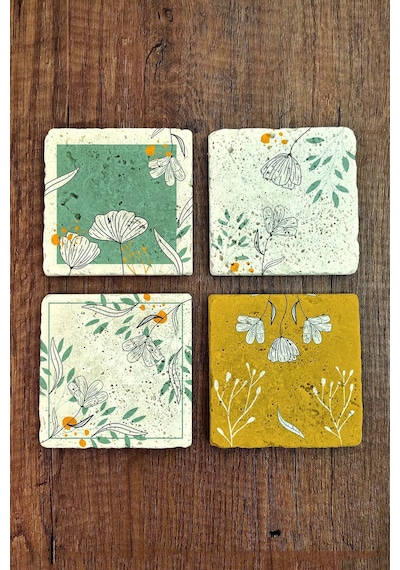 Doğal Taş Bardak Altlığı Çiçek Temalı Baskılı 10x10cm Stone Coasters 4'lü Set Çok Renkli