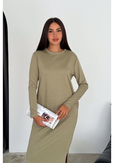 Ded Collectıon Kadın Modal Kumaş Uzun Kol Bisiklet Yaka Uzun Elbise Yeşil