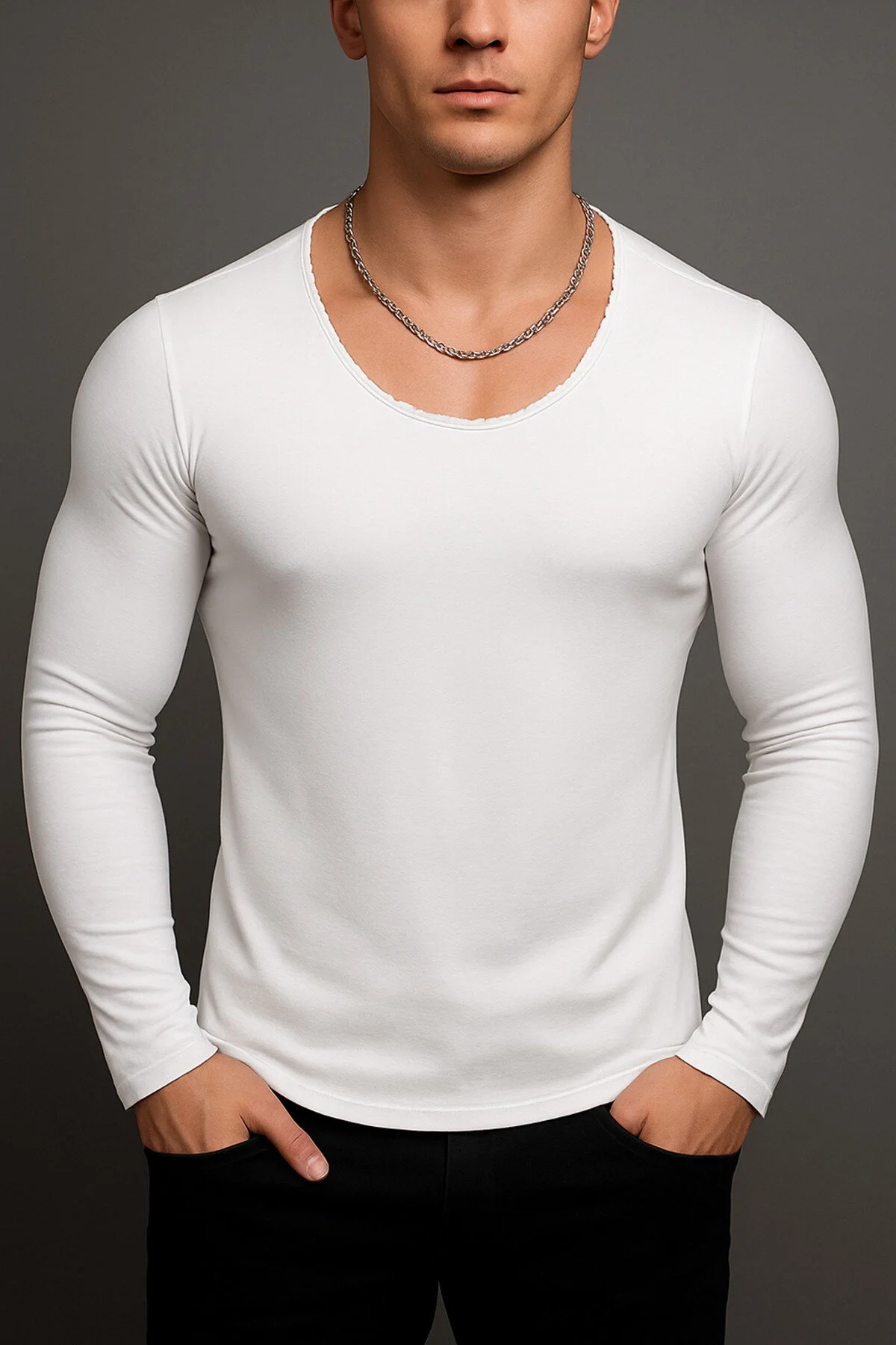 Erkek Uzun Kollu Oval Yaka Tişört Açık Yaka Likralı Slim Fit T-shirt Beyaz Beyaz