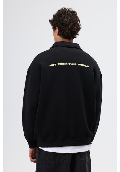 Vamos Polo Yaka Oversize Baskılı Yıkamalı Sweatshirt Siyah