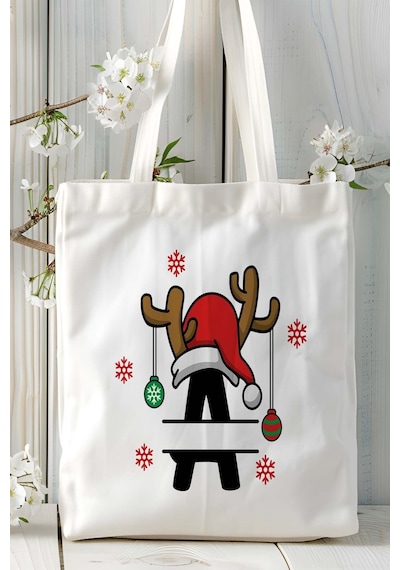 Art Hediye A Harfi Yeniyıl Hediye Noel Christmas Baskılı Bez Omuz Çantası Çift Taraflı Kişiye Özel Model 1 Çok Renkli