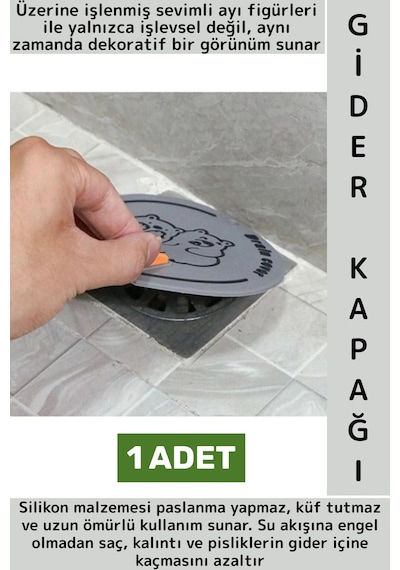 Lavabo Banyo Mutfak Pas Küf Tutmaz Sevimli Ayı Figür Koku Önleyici Kulplu Esnek Silikon Gider Kapağı