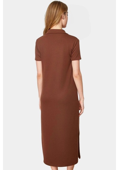 Ersefa Günlük Kullanım İçin Şık Polyester Midi Elbise Polo Yaka Görünüm Kahverengi