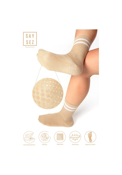 Saysez Bambu Kadın Kaydırmaz Taban Silikon Baskı Pilates Yoga Fitness Dans Aktivite Tenis Çorabı / Bej Renkli