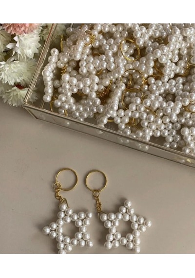 10 Adet Krem İnci Yıldız Anahtarlık 8mm Kartsız Gold Rengi Gümüş