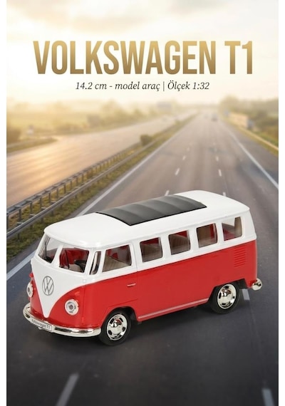 Hobbiez Lisanslı Volkswagen T1 Kapıları Açılabilir Model Diecast 1/32 Ölçek Metal Standlı Araç Kırmızı