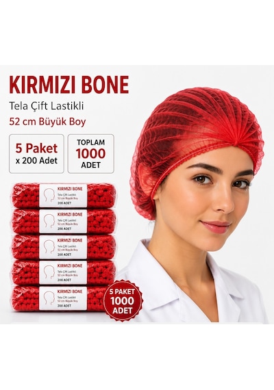 Kırmızı Bone 52 Cm Büyük Boy 5 Adet X 200 Lü Paket Toplam 1000 Adet - Çift Lastikli