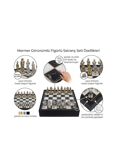 Kişiye Özel Osmanlı Bizans Temalı Lüks Metal Satranç Takımı 20cm Sandıklı Mermer Desenli Premium Set