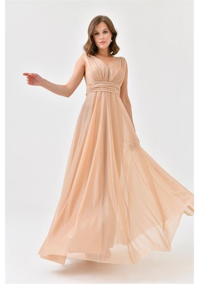 Neşeli Butik Kadın Gold V Yaka Simli Tül Abiye Elbise Nbs9223 Sarı