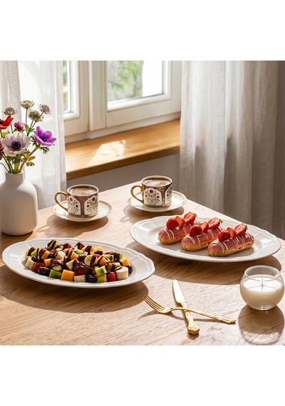 Porsima 4447 Tiffany Porselen Kayık Tabak Seti - Oval Kahvaltılık Sunumluk Seti 30cm Beyaz