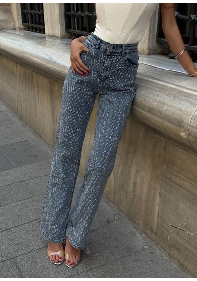 Shemard Yeni Sezon Tasarım Kadın Kristal Tas Detay Palazzo Jean Çok Renkli