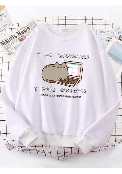 Startmore Tarzsokak Ben Programcı Bilgisayarı Yapıyorum Komik Kedi Kadın Hoody Kore Moda Kazak Sokak Rahat Giysil Beyaz