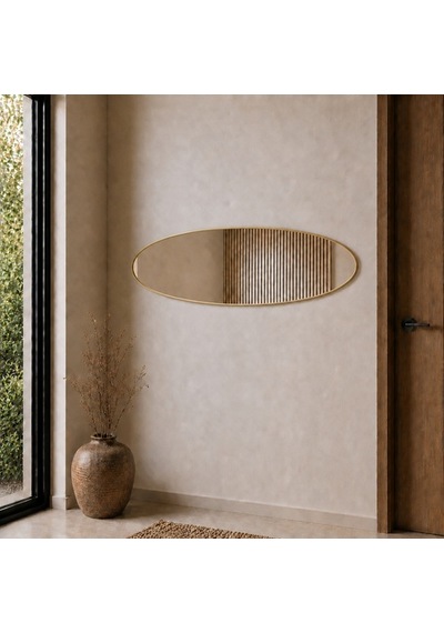 Modern Oval Boy Aynası 40x120 Cm İnce Çerçeveli Minimalist Dekoratif Duvar Aynası Altın