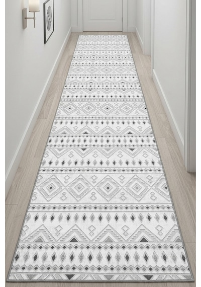 Raschel Carpet Premium Yıkanabilir Leke Tutmaz Modern Yolluk Etnik Desen Gri Özel Seri Kaymaz Taban Halı Çok Renkli