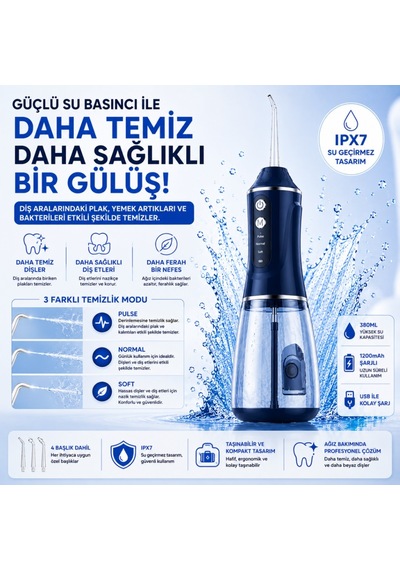 Polham Taşınabilir Şarjlı Ağız Duşu 380 Ml Diş Ve Diş Eti Bakım Cihazı ,1200 Mah, Ipx7 Su Geçirmez, 3 Temizlik Modlu, 4 Başlıklı