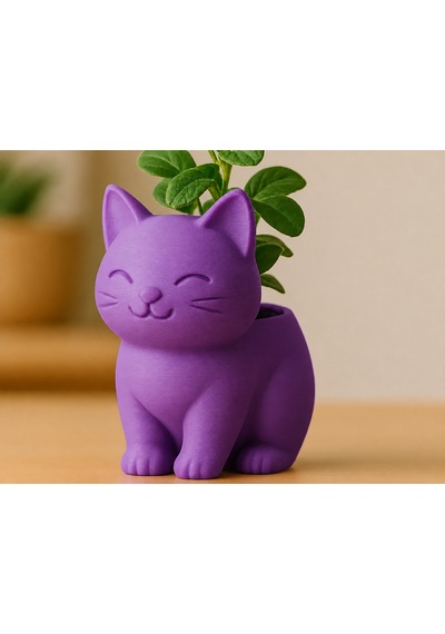3d Baskı Sevimli Kedi Saksı - Figürlü Sukulent Saksısı-mor