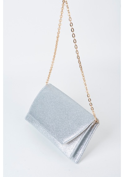 Vivaq Kadın Gümüş Simli Zarf Tasarım 2 Bölmeli Mini Zincir Askılı Çıt Çıt Kapama Clutch Ve El Çantası