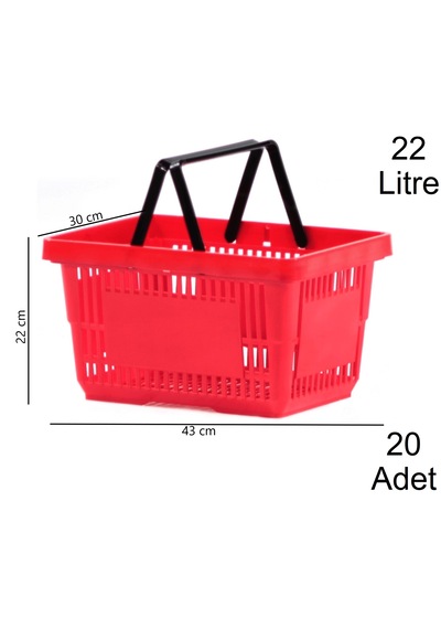 22 Litre Plastik Market Alışveriş El Sepeti Kırmızı 20 Adet / En:30 Boy:43 Yükseklik:22 Cm Kırmızı