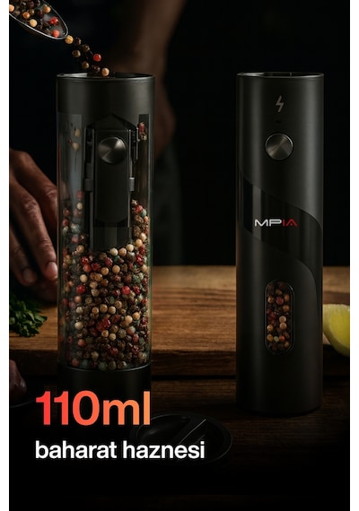 Exenar - Siyah - Mpıa Pg5 Şarjlı Baharat Öğütücü 2 Li 110 Ml Led Paslanmaz Çelik Bıçak Tuz Karabiber Öğütücü