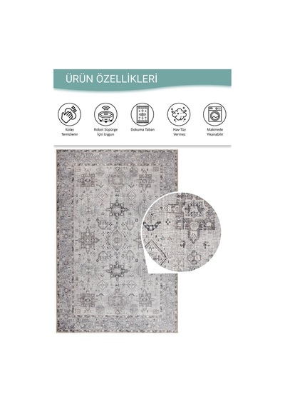 Artloop Stonart Eskitme Vintage Desenli Gri Otantik Yıkanabilir Şönil Halı Al 461 Gri 12
