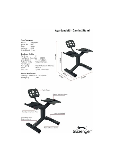 Slazenger 300 Kg Taşıma Kapasiteli Ayarlanabilir Dambıl Standı D007