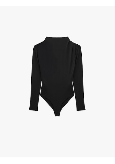 Koton Slim Fit Uzun Kollu Drape Detaylı Hafif Dik Yaka Bodysuit Siyah 7wak80008ek