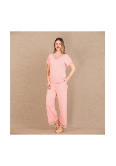 L'ombre Viskon Şık Tasarım Dantel İşlemeli Açık Pembe Kısa Kol Pijama Takımı