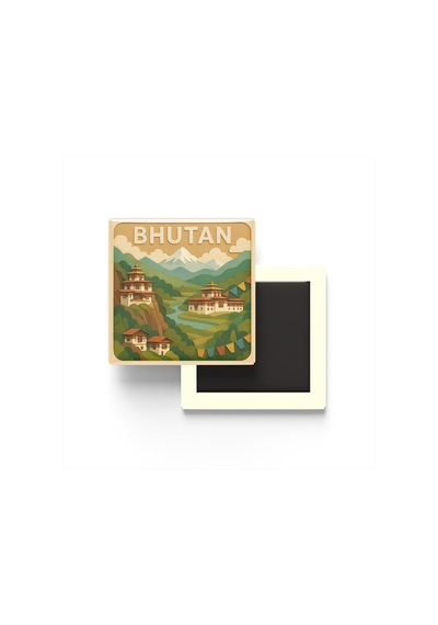 Butan - Bhutan - Paper Cut Art - Baskılı Buzdolap Magneti Kare - 9x9 Cm